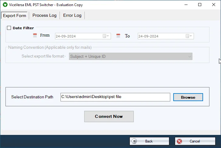Start email conversion and set output location